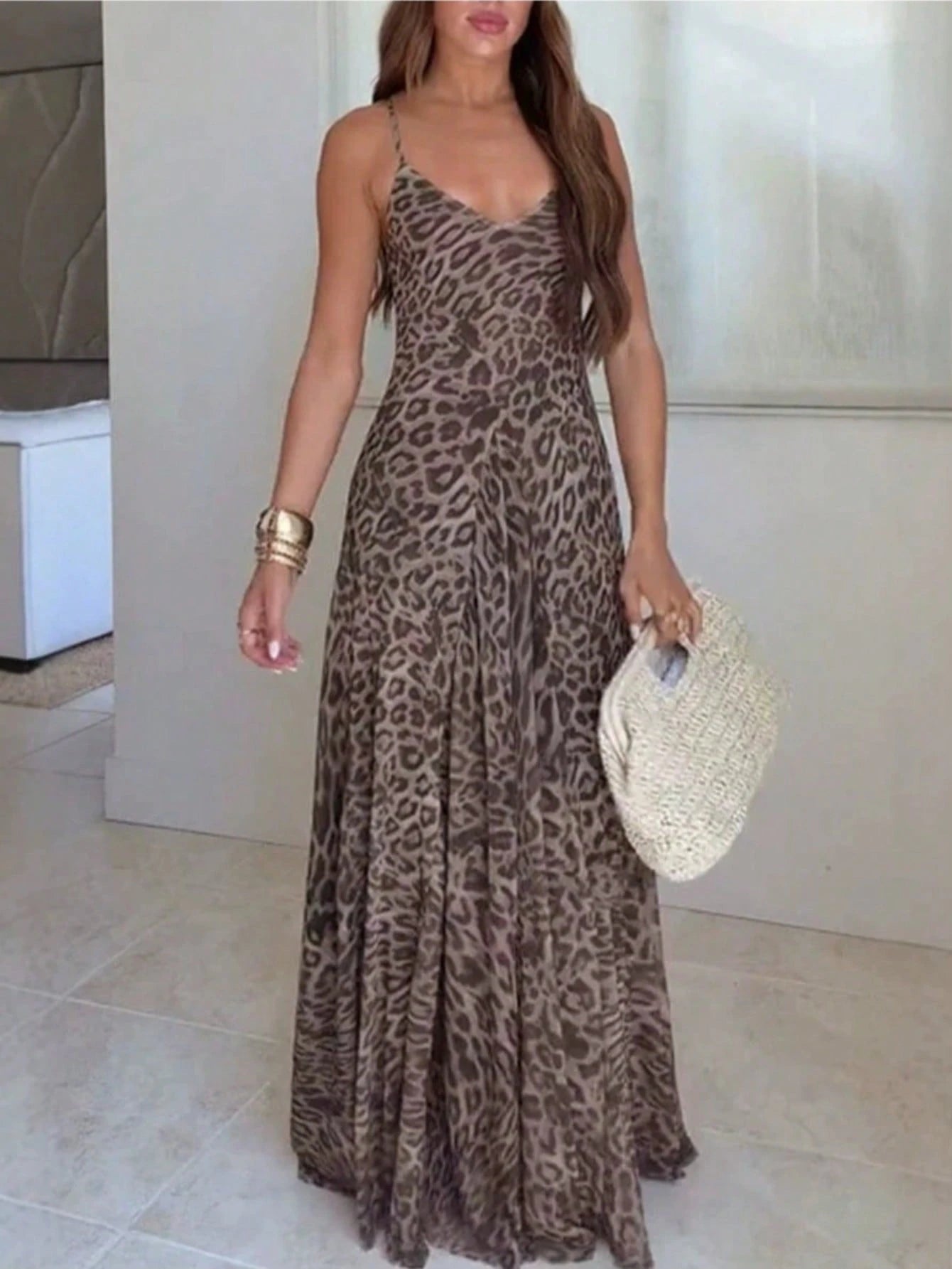 2026 Summer European And American Mesh Leopard Print Strap Zipper Dress Elegant Daily Vacation Party Women's French Vacation Style