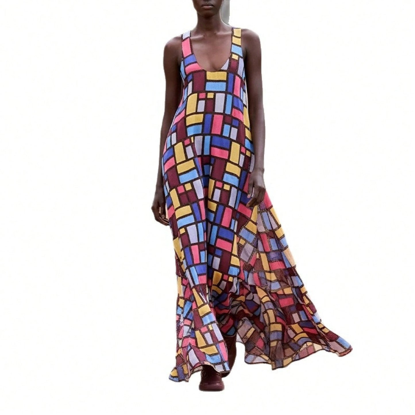 2026 Summer New Women's Clothing, Foreign Trade European And American Dresses, Casual Loose Irregular Geometric Strap Long Dress