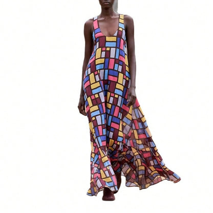 2026 Summer New Women's Clothing, Foreign Trade European And American Dresses, Casual Loose Irregular Geometric Strap Long Dress