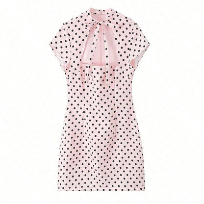 2026 Summer Women's Fashion Bow Tie Polka Dot Short Fitted Dress, Sexy Hollow Out Elegant Sleeveless Party Dress, Beach Dress