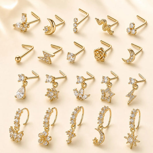 20Pcs Stainless Steel Dainty Nose Rings Studs Set, Gold Mini Moon Star Butterfly Snake Flower Cubic Zirconia L Shaped Nose Piercing Jewelry For Women
