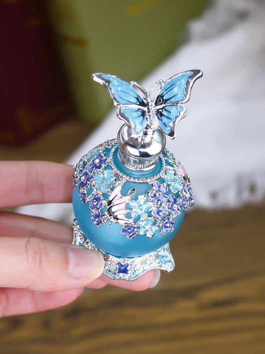 25 Ml Delicate Vintage Fancy Base Enamel Hand Painted Butterfly Decorative Frosted Perfume Bottle, Holiday Travel Perfume And Essential Oil Dispenser Bottle, Perfect Gift For Women (No Perfume, Empty