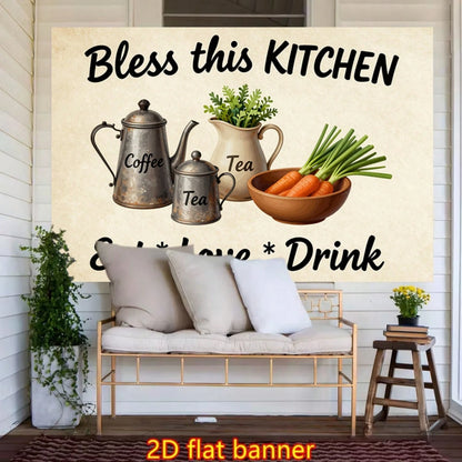 2D Flat- 1pc Stylish 2D Flat Printed Wall Tapestry, Bless This Kitchen Sign Colorful Aesthetics, Bedroom Aesthetics, Suitable For Living Room, Bedroom, Office, Home Decoration Or Meditation Area/Room