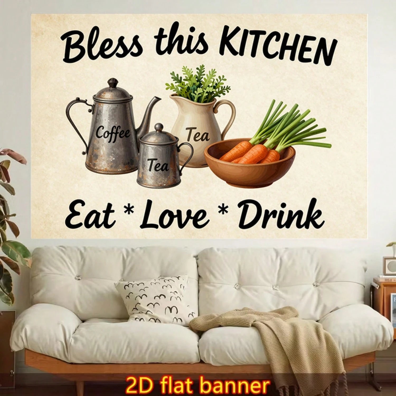 2D Flat- 1pc Stylish 2D Flat Printed Wall Tapestry, Bless This Kitchen Sign Colorful Aesthetics, Bedroom Aesthetics, Suitable For Living Room, Bedroom, Office, Home Decoration Or Meditation Area/Room