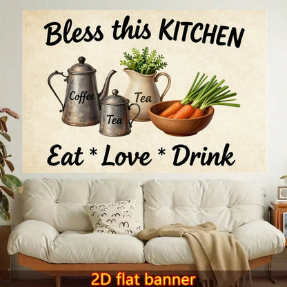 2D Flat- 1pc Stylish 2D Flat Printed Wall Tapestry, Bless This Kitchen Sign Colorful Aesthetics, Bedroom Aesthetics, Suitable For Living Room, Bedroom, Office, Home Decoration Or Meditation Area/Room