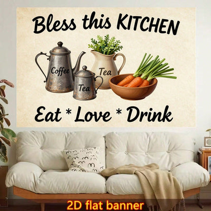 2D Flat- 1pc Stylish 2D Flat Printed Wall Tapestry, Bless This Kitchen Sign Colorful Aesthetics, Bedroom Aesthetics, Suitable For Living Room, Bedroom, Office, Home Decoration Or Meditation Area/Room