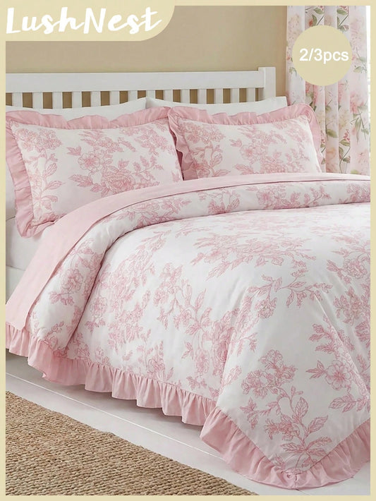 2pcs/3pcs Pink Ruffle Line Floral Branch White Background Digital Print Duvet Cover Set (Includes 1 Duvet Cover And 1/2 Unfilled Pillowcases), Cute Design, Multi-Purpose, Made Of Comfortable Skin-Frie