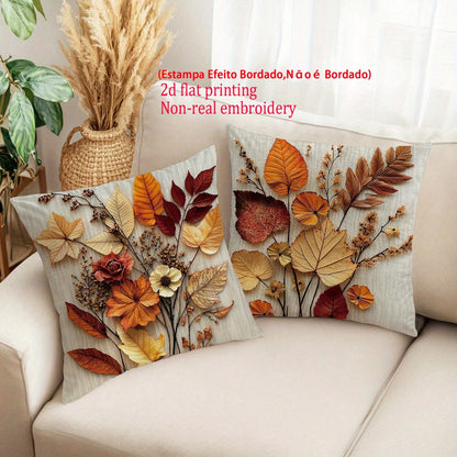 2pcs Autumn Pillow Covers, Vintage Rust Brown Floral Leaf Pattern, 2D Flat Printing Not Embroidery, Polyester Fabric Zippered Single-Sided Printed Cushion Covers, Thanksgiving, Autumn Harvest Home Dec
