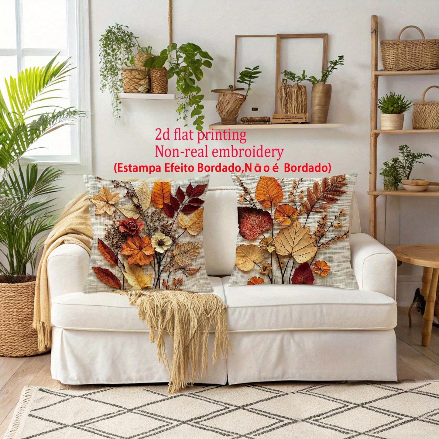 2pcs Autumn Pillow Covers, Vintage Rust Brown Floral Leaf Pattern, 2D Flat Printing Not Embroidery, Polyester Fabric Zippered Single-Sided Printed Cushion Covers, Thanksgiving, Autumn Harvest Home Dec