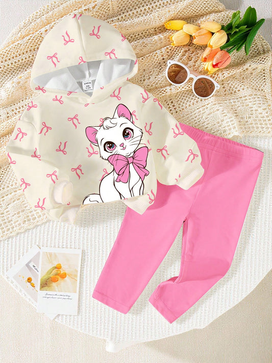 2pcs Baby Girl Casual Chic Cute Bow & Kitty Print Hooded Sweatshirt And Pink Leggings Set, Suitable For Autumn/Winter, Daily, Indoor And Outdoor Wear