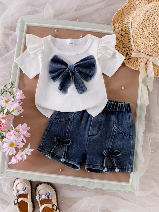 2pcs Baby Girl Fashionable Set: 3D Denim Bow Decor Cap Sleeve T-Shirt Top And 3D Bow Denim Shorts With Front Slit, Suitable For Spring And Autumn