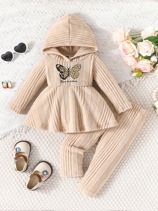 2pcs Baby Girl Sweet & Gentle Butterfly Print Letter Knitted Hoodie Top & Pants Set