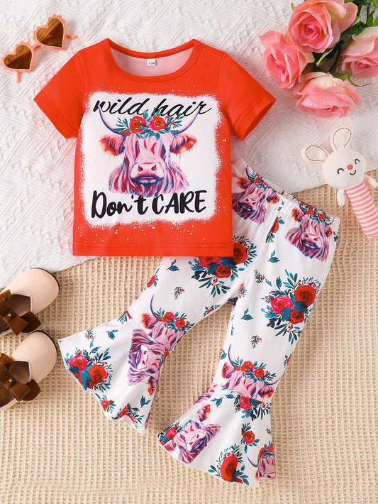 2pcs Baby Girls Fashion Short Sleeve Cow Print Top And Flared Pants Set, Summer