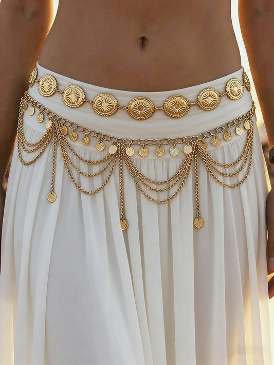 2pcs Bohemian Vintage Style Multi-Layer Daisy Petal Design Coin Waist Chain, Sexy Arabian Tassel Waist Chain, Suitable For Beach, Vacation, Party, Halloween, Autumn Campus