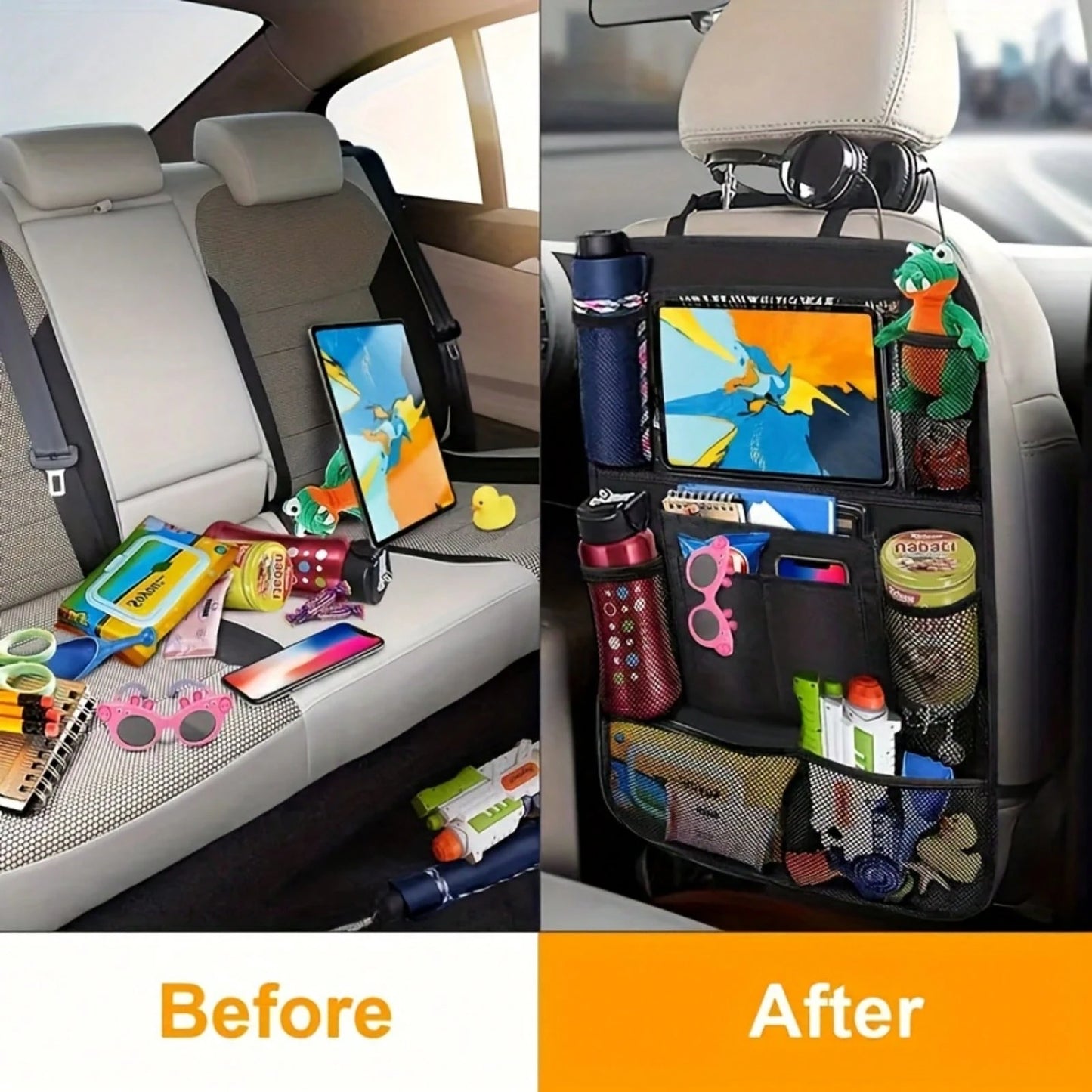 2pcs Car Seat Back Storage Functional Rear Footrest With Touchscreen Tablet Support & Multiple Pockets For All