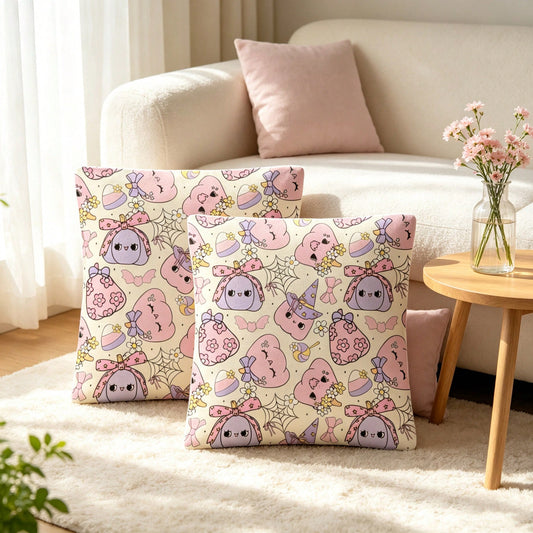 2pcs Cute Macaron Halloween Ghost Bow Print Pillowcases, Cartoon Witch Hat, Floral Spider Web, Candy Decor Cushion Covers, Soft Sweet Style, Suitable For Living Room Or Bedroom Sofa Home Decor (Single
