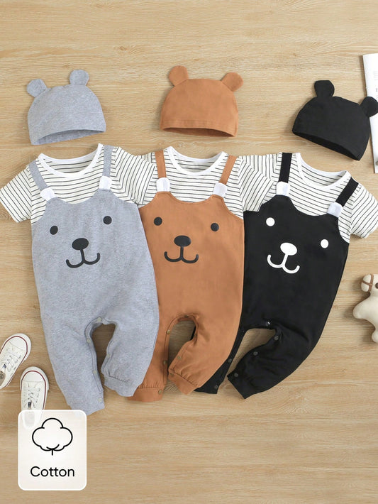 2pcs Newborn Baby Boy 3D Ear Design Stripe And Cartoon Graphic 1 Jumpsuit With Hat, Unisex Clothes Toddler Overalls Toddlers Cotton Romper