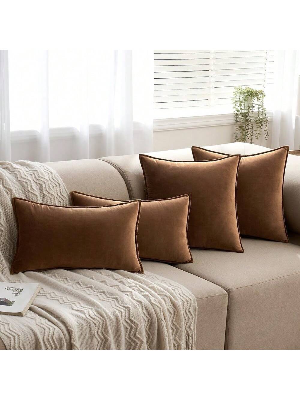 2pcs Nordic Style Solid Color Fleece Fringed Pillow Covers (Inner Pillow Not Included), Square Decorative Cushion Covers, Soft & Comfortable Linen-Like Fabric, Modern Home/Bedroom/Dorm Decor