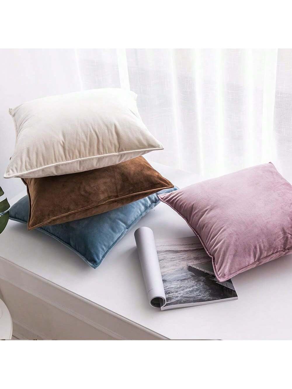 2pcs Nordic Style Solid Color Fleece Fringed Pillow Covers (Inner Pillow Not Included), Square Decorative Cushion Covers, Soft & Comfortable Linen-Like Fabric, Modern Home/Bedroom/Dorm Decor