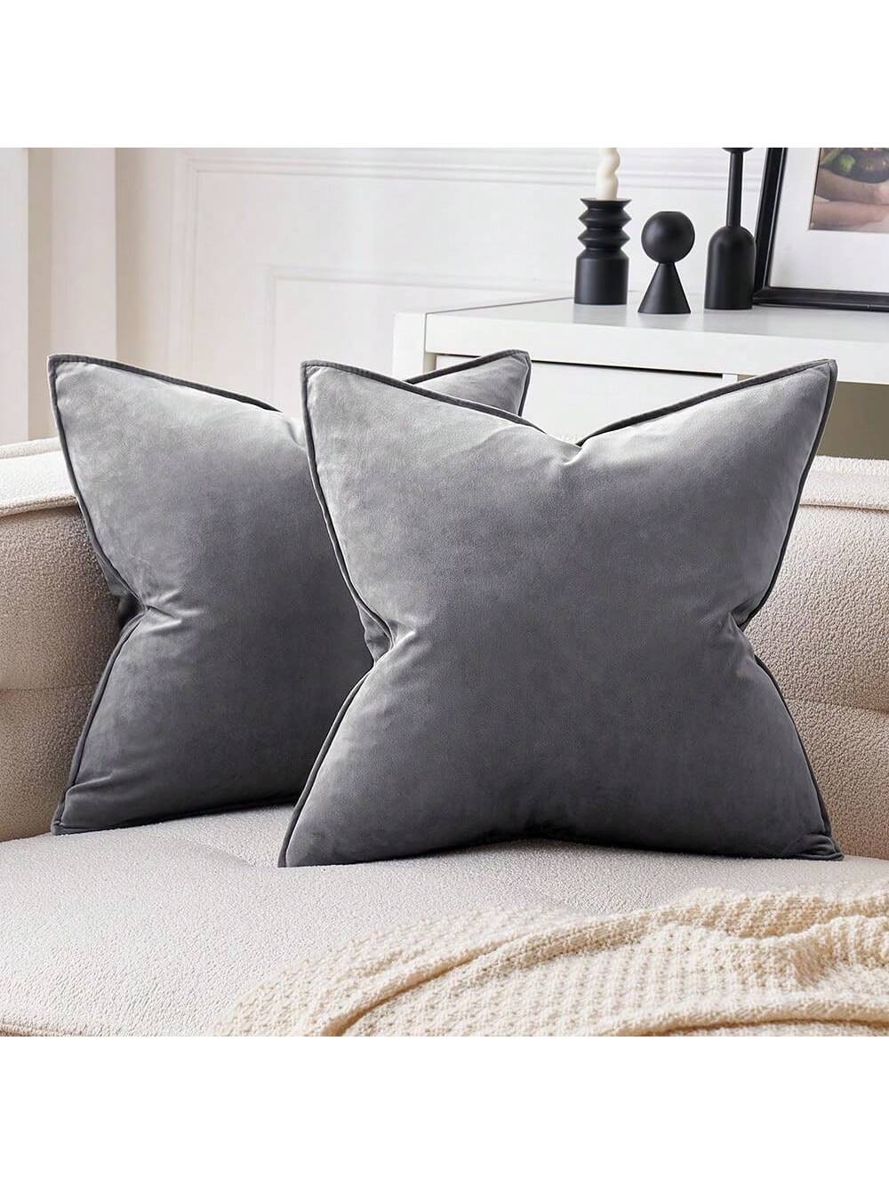 2pcs Nordic Style Solid Color Fleece Fringed Pillow Covers (Inner Pillow Not Included), Square Decorative Cushion Covers, Soft & Comfortable Linen-Like Fabric, Modern Home/Bedroom/Dorm Decor