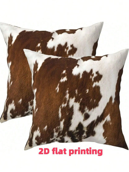 2pcs Peach Velvet 18" X 18" Cow Print Throw Pillow Covers, 2D Printed, Non-Plush- Western Style, Zippered, Hand Wash Only, Suitable For Home, Office, Bedroom, Living Room, Sofa Decor