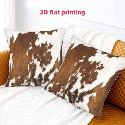 2pcs Peach Velvet 18" X 18" Cow Print Throw Pillow Covers, 2D Printed, Non-Plush- Western Style, Zippered, Hand Wash Only, Suitable For Home, Office, Bedroom, Living Room, Sofa Decor