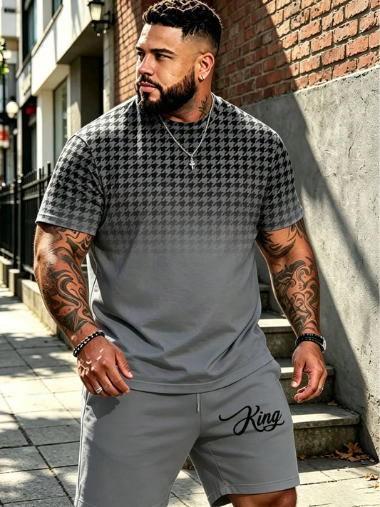 2pcs Plus Size Big & Tall Men's Set: Houndstooth Ombre Print Short Sleeve T-Shirt + King Embroidery Casual Shorts Summer Sports