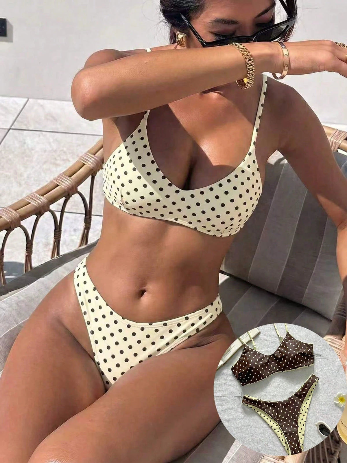 2pcs Reversible Polka Dot Print Elegant Backless Adjustable Spaghetti Strap Tank Top Bikini Swimwear Bottom Beach Seaside Pool Water Sports Vacation