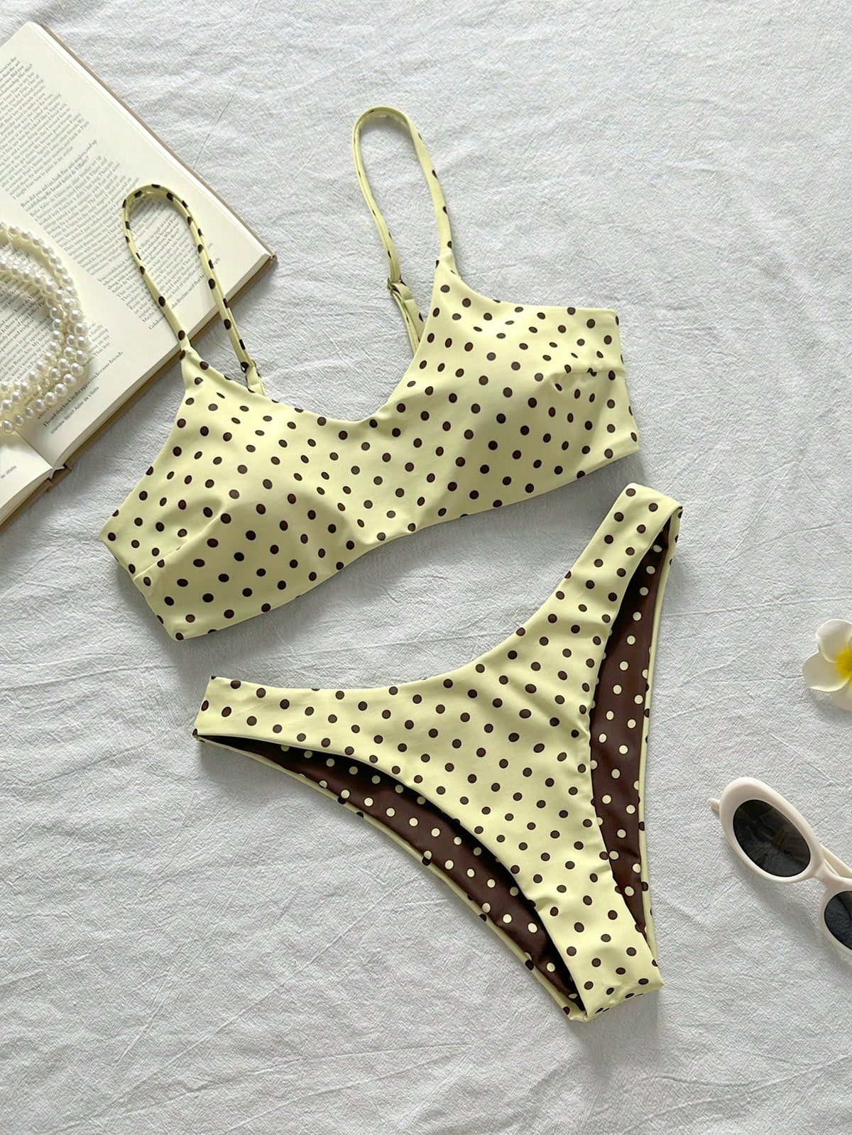 2pcs Reversible Polka Dot Print Elegant Backless Adjustable Spaghetti Strap Tank Top Bikini Swimwear Bottom Beach Seaside Pool Water Sports Vacation
