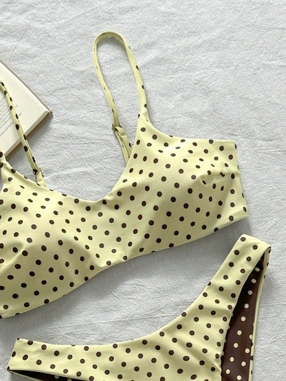 2pcs Reversible Polka Dot Print Elegant Backless Adjustable Spaghetti Strap Tank Top Bikini Swimwear Bottom Beach Seaside Pool Water Sports Vacation