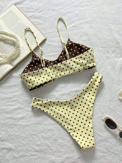 2pcs Reversible Polka Dot Print Elegant Backless Adjustable Spaghetti Strap Tank Top Bikini Swimwear Bottom Beach Seaside Pool Water Sports Vacation