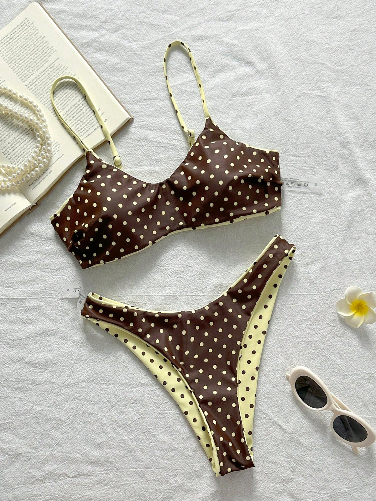 2pcs Reversible Polka Dot Print Elegant Backless Adjustable Spaghetti Strap Tank Top Bikini Swimwear Bottom Beach Seaside Pool Water Sports Vacation