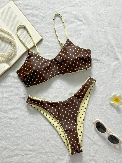 2pcs Reversible Polka Dot Print Elegant Backless Adjustable Spaghetti Strap Tank Top Bikini Swimwear Bottom Beach Seaside Pool Water Sports Vacation