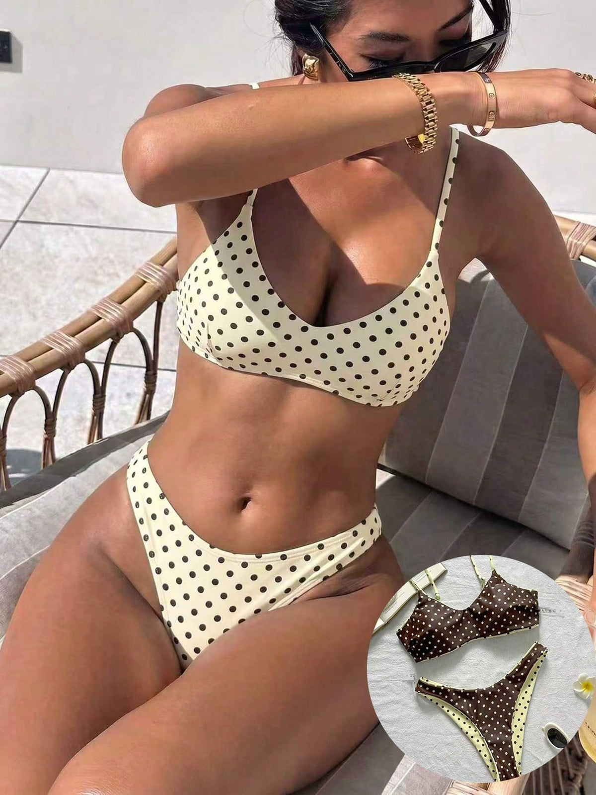 2pcs Reversible Polka Dot Print Elegant Backless Adjustable Spaghetti Strap Tank Top Bikini Swimwear Bottom Beach Seaside Pool Water Sports Vacation