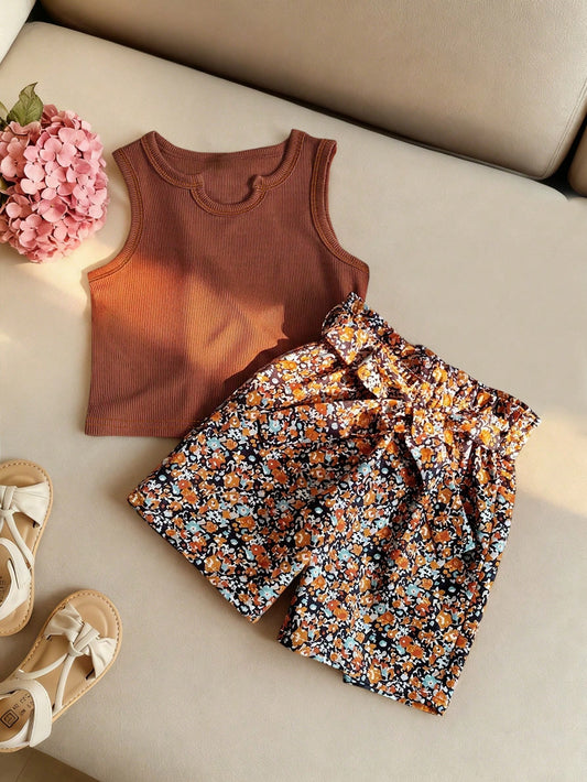 2pcs/Set Baby Girls' Summer Sleeveless Outfit, Solid Color Round Neck Vest Top + Vintage Floral Shorts, Cute & Fashionable Suit For Newborn, 0-1-2-3 Years Old, 6-9 Months, Suitable For Outdoor, Casual