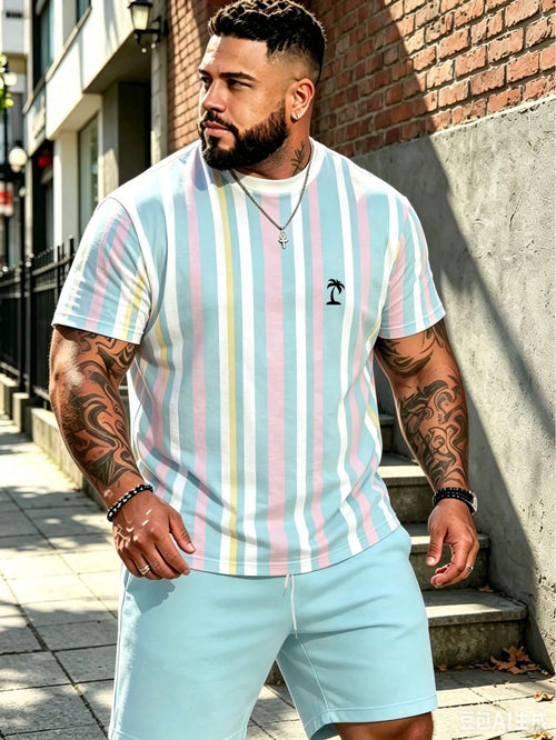 2pcs/Set Big & Tall Men's Mint Green Ombre Striped Outfit, Contrast Stripe Top + Matching Shorts, Fresh Summer Style Sports