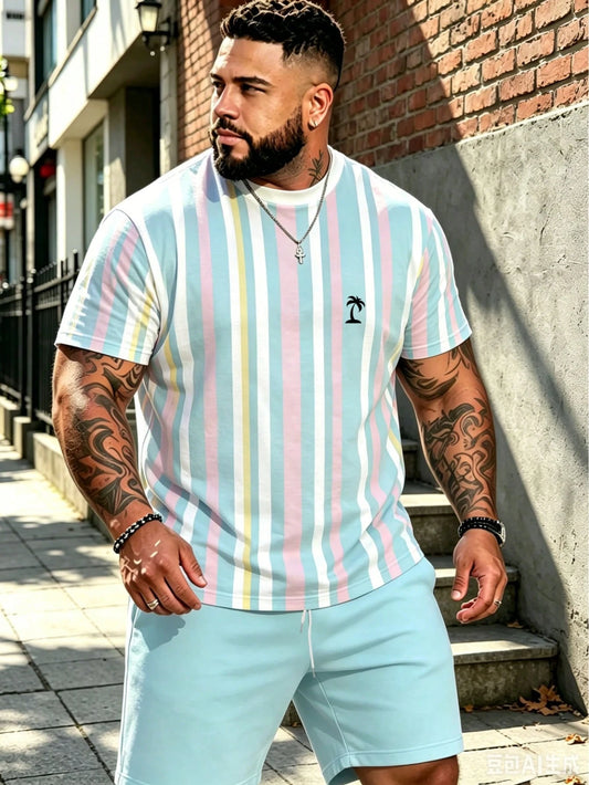 2pcs/Set Big & Tall Men's Mint Green Ombre Striped Outfit, Contrast Stripe Top + Matching Shorts, Fresh Summer Style Sports