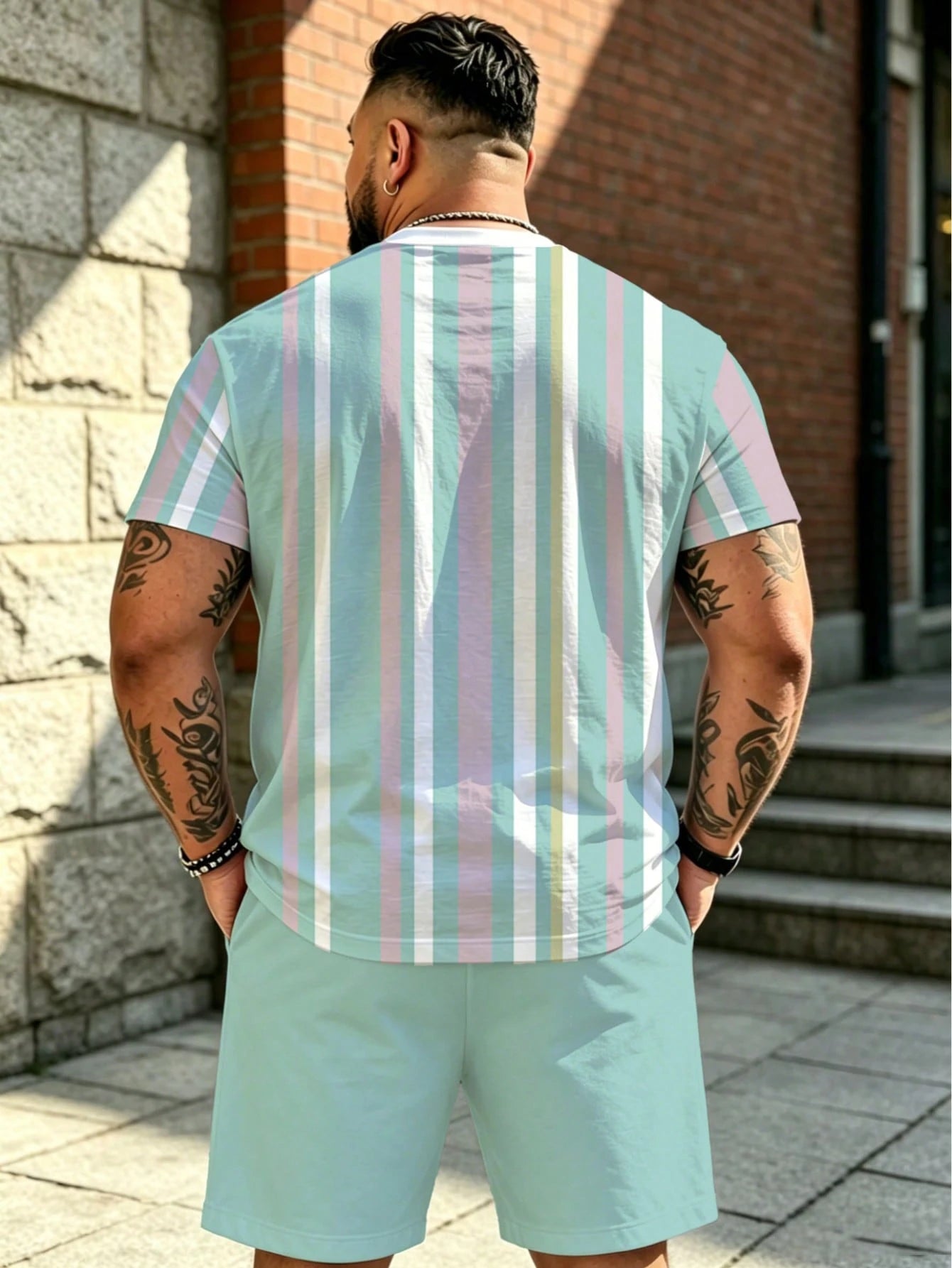 2pcs/Set Big & Tall Men's Mint Green Ombre Striped Outfit, Contrast Stripe Top + Matching Shorts, Fresh Summer Style Sports