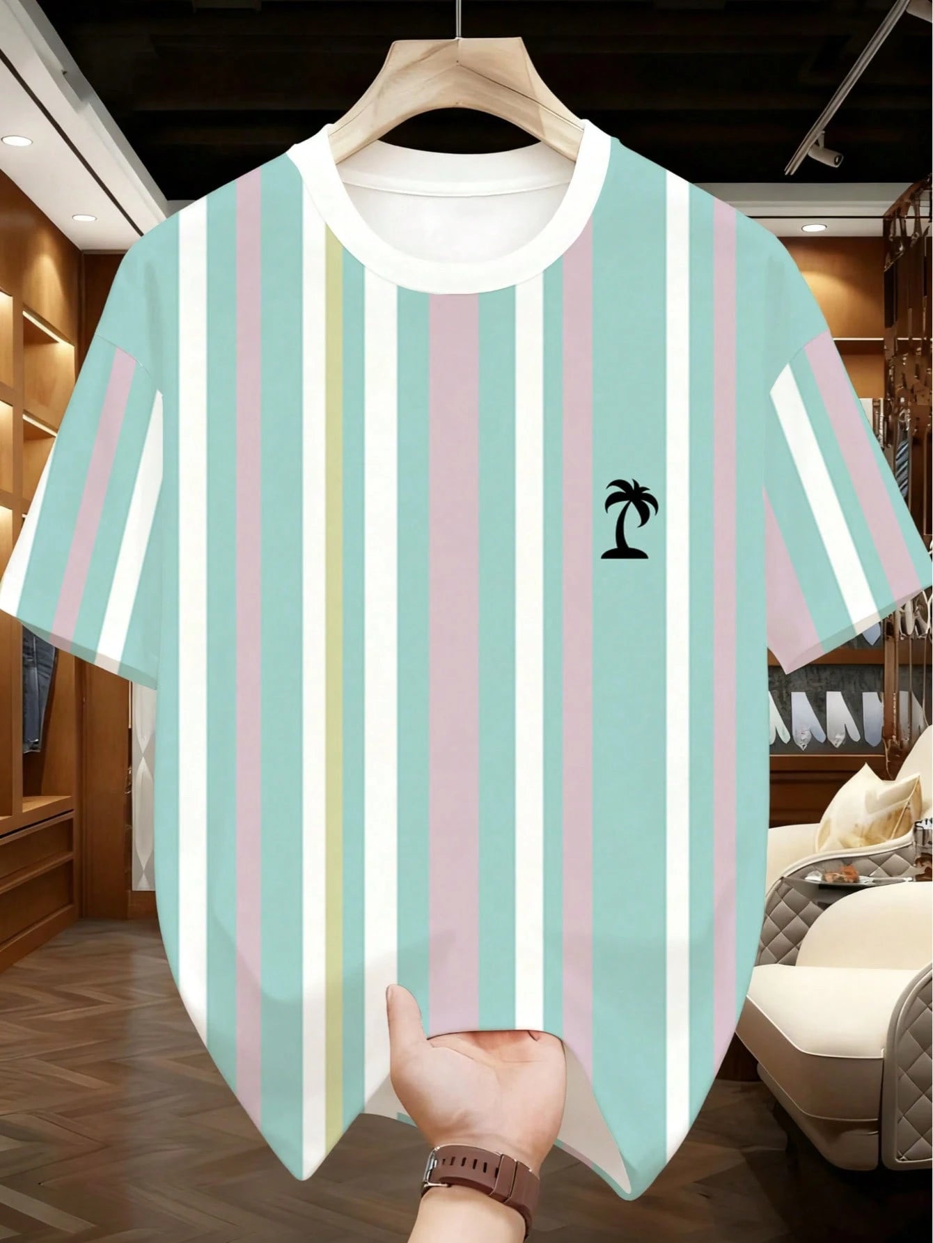 2pcs/Set Big & Tall Men's Mint Green Ombre Striped Outfit, Contrast Stripe Top + Matching Shorts, Fresh Summer Style Sports