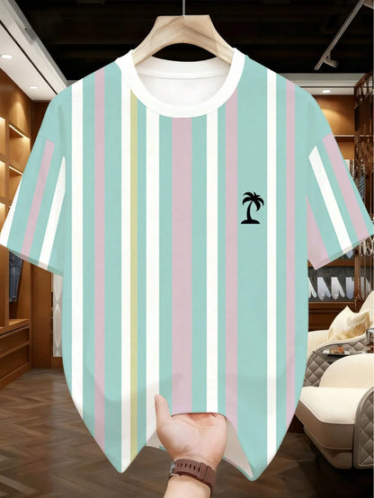 2pcs/Set Big & Tall Men's Mint Green Ombre Striped Outfit, Contrast Stripe Top + Matching Shorts, Fresh Summer Style Sports