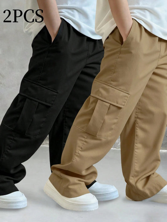 2pcs/Set Boys Casual Comfortable Durable Multi-Pocket Straight Leg Cargo Pants Spring Summer Autumn