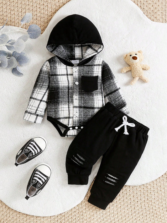 2pcs Set: Color Block Hooded Plaid Long Sleeve Bodysuit + Ripped Long Pants