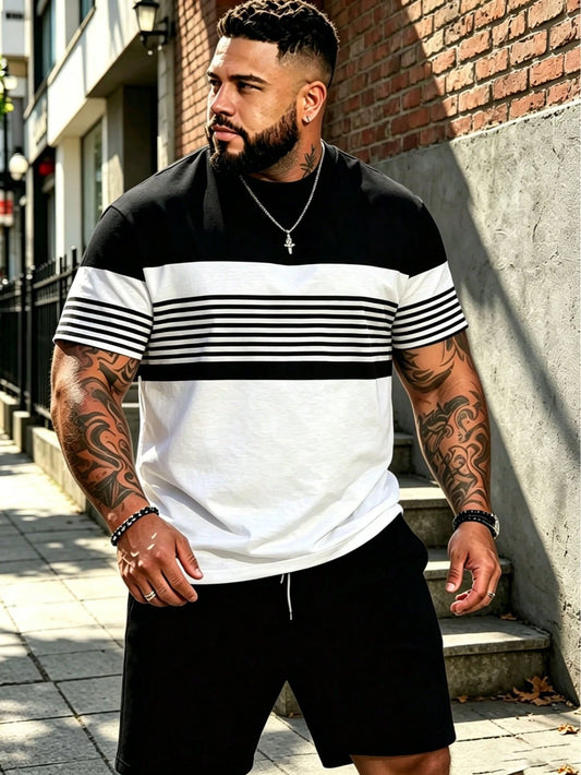 2pcs/Set Plus Size Men's Black & White Striped Patchwork Suit, Casual Short Sleeve T-Shirt + Shorts Loose Fit Set, Summer Sports