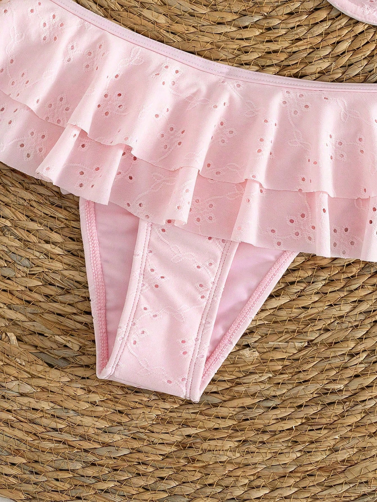 2pcs/Set Sexy Romantic White Bikini Set- Lace Trim Bandeau Top And High Waist Ruffle Skirt, Women Beach Swimwear Vacation Pink Summer