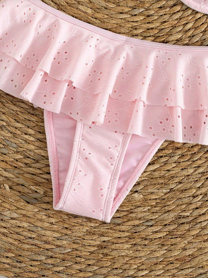 2pcs/Set Sexy Romantic White Bikini Set- Lace Trim Bandeau Top And High Waist Ruffle Skirt, Women Beach Swimwear Vacation Pink Summer