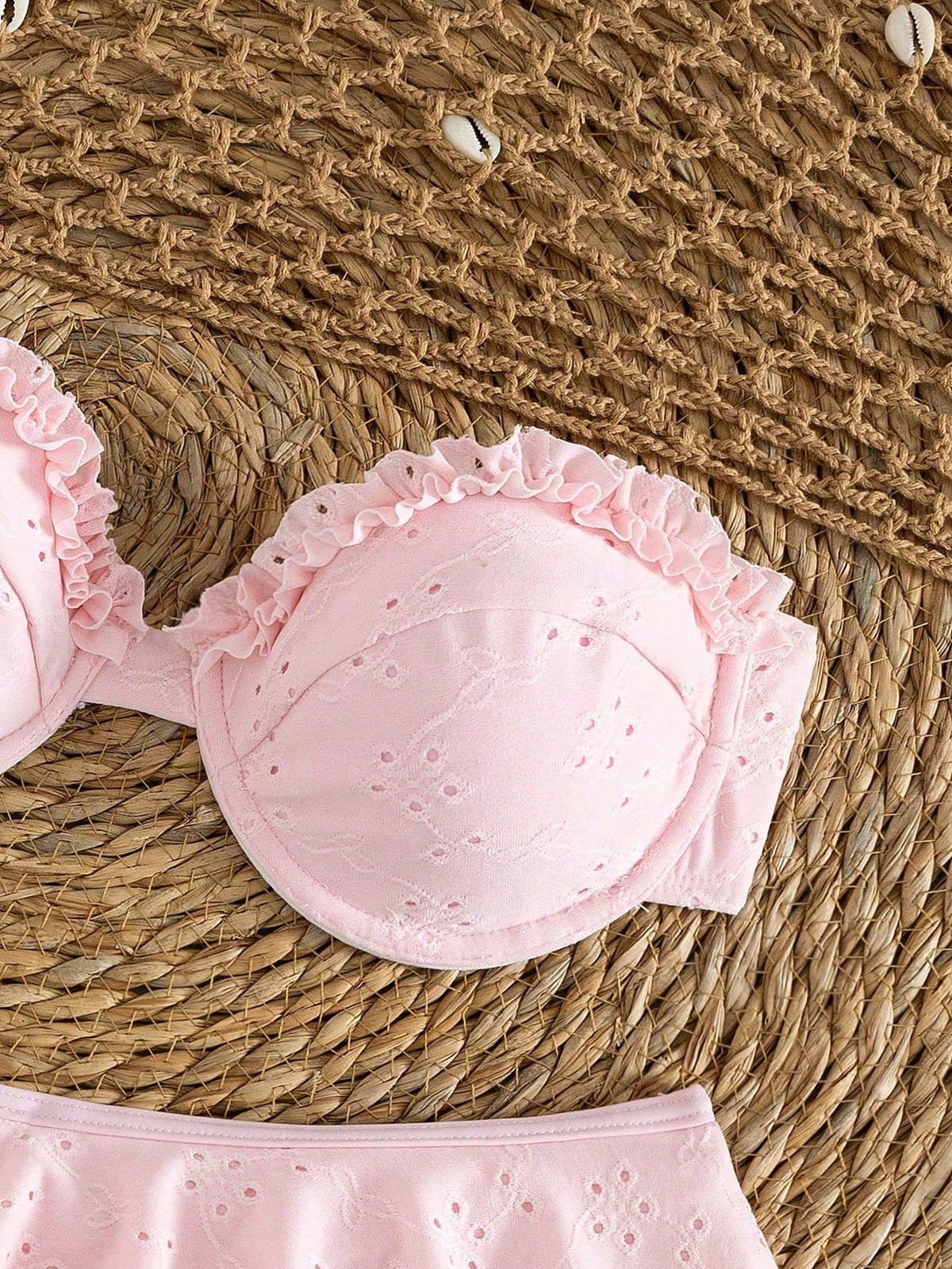 2pcs/Set Sexy Romantic White Bikini Set- Lace Trim Bandeau Top And High Waist Ruffle Skirt, Women Beach Swimwear Vacation Pink Summer