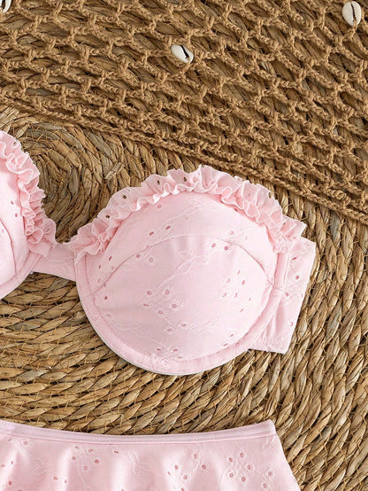 2pcs/Set Sexy Romantic White Bikini Set- Lace Trim Bandeau Top And High Waist Ruffle Skirt, Women Beach Swimwear Vacation Pink Summer