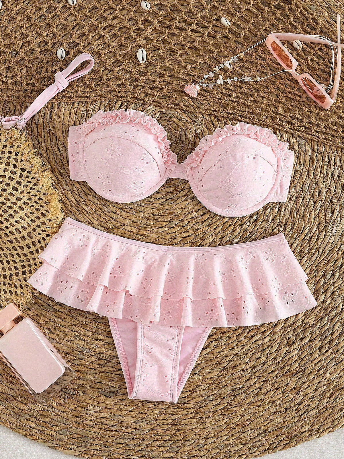 2pcs/Set Sexy Romantic White Bikini Set- Lace Trim Bandeau Top And High Waist Ruffle Skirt, Women Beach Swimwear Vacation Pink Summer