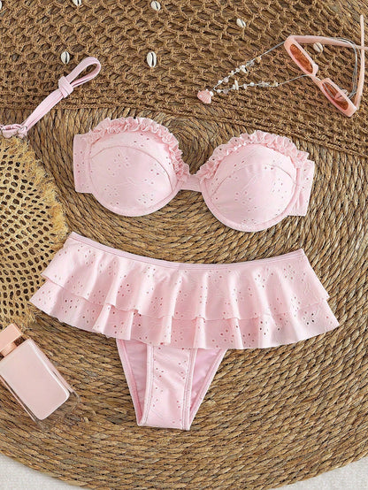 2pcs/Set Sexy Romantic White Bikini Set- Lace Trim Bandeau Top And High Waist Ruffle Skirt, Women Beach Swimwear Vacation Pink Summer