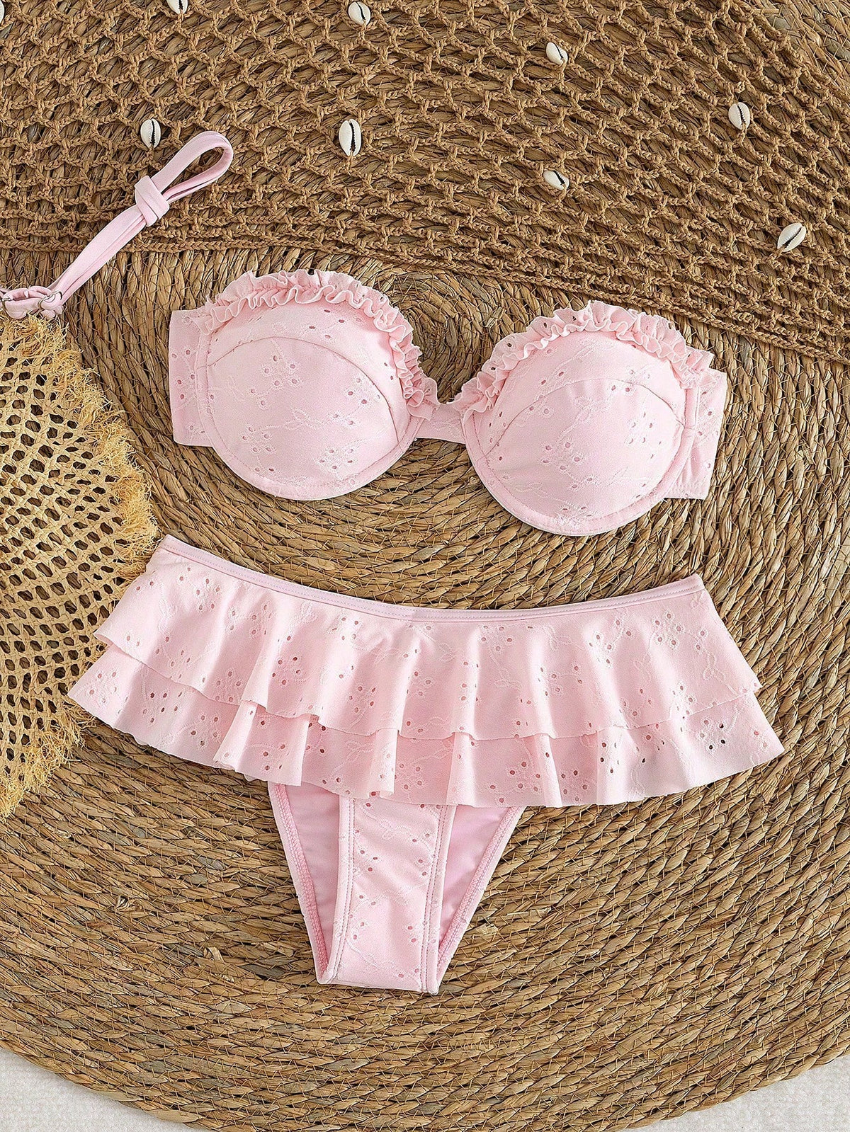 2pcs/Set Sexy Romantic White Bikini Set- Lace Trim Bandeau Top And High Waist Ruffle Skirt, Women Beach Swimwear Vacation Pink Summer